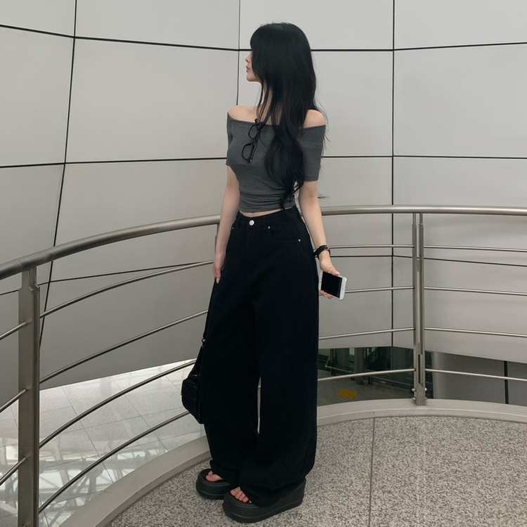 【丈別】ハイウエストコットンセミワイドパンツ(6color) BLACK