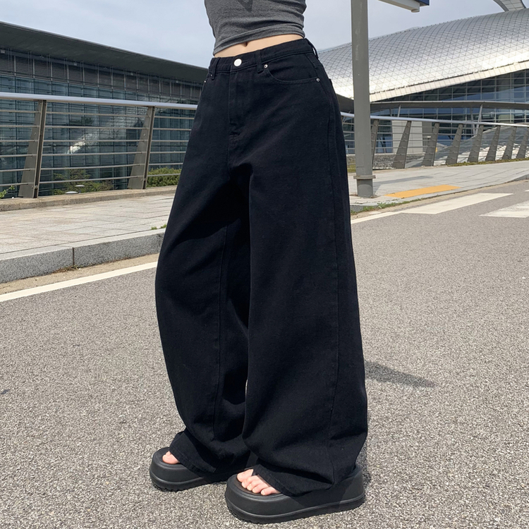 【丈別】ハイウエストコットンセミワイドパンツ(6color) BLACK