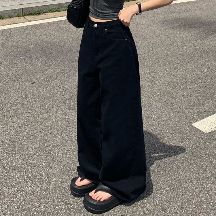【丈別】ハイウエストコットンセミワイドパンツ(6color) BLACK