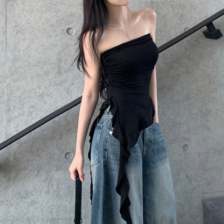 アンバランスフリルレイヤードトップ BLACK