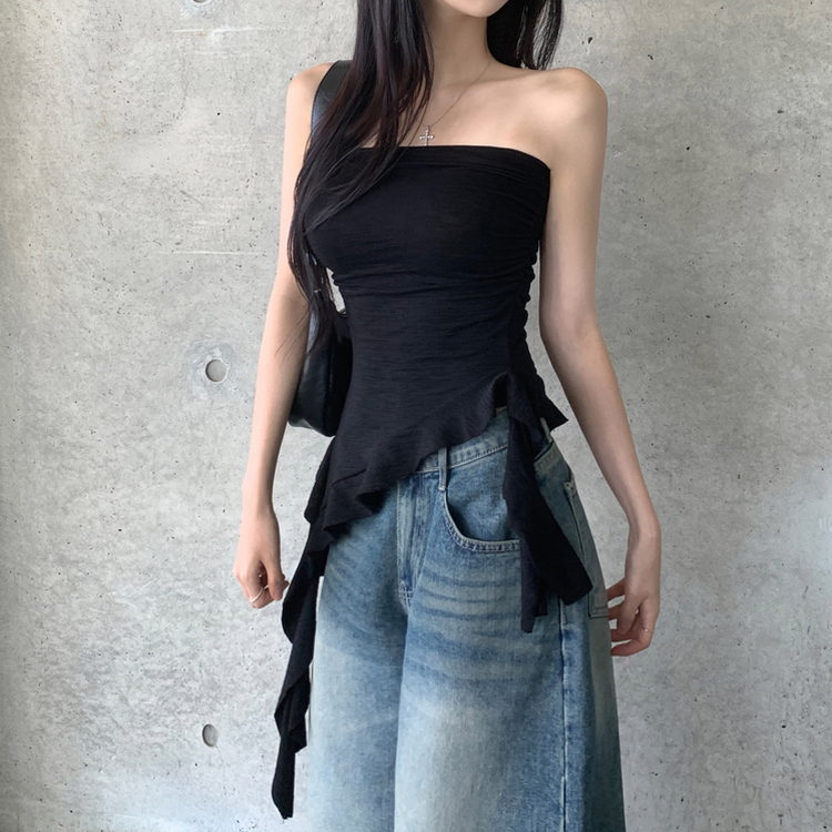 アンバランスフリルレイヤードトップ BLACK