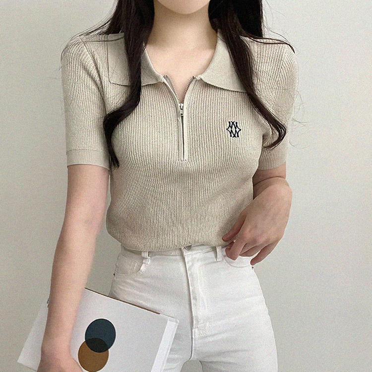 刺繍ジップアップカラーニット(5color) BEIGE