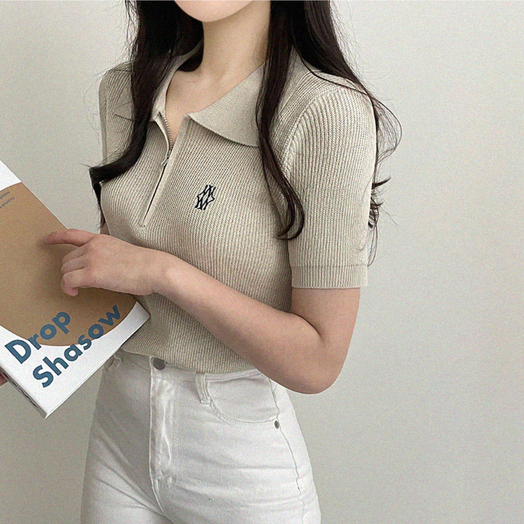 刺繍ジップアップカラーニット(5color) BEIGE