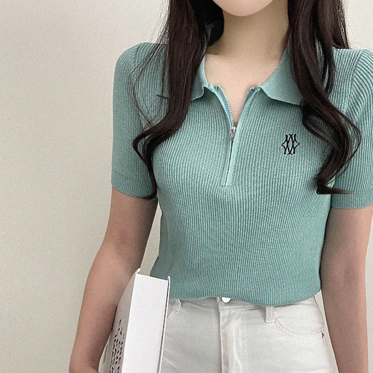 刺繍ジップアップカラーニット(5color) MINT