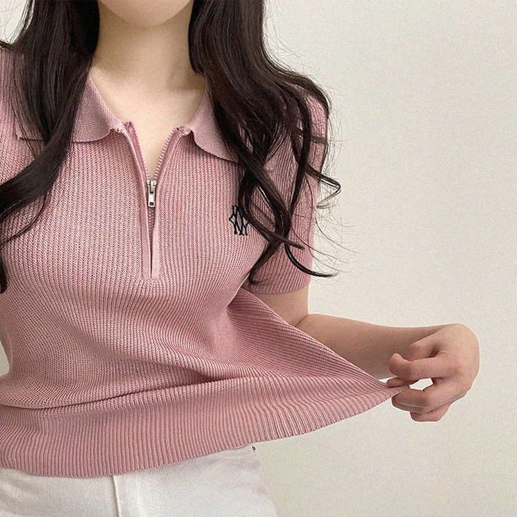 刺繍ジップアップカラーニット(5color) PINK