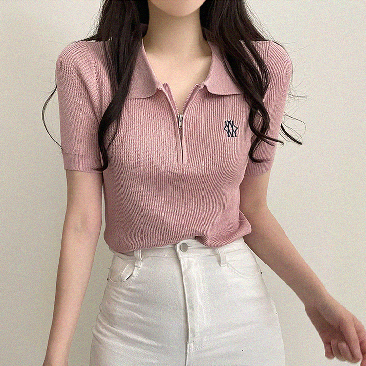 刺繍ジップアップカラーニット(5color) PINK