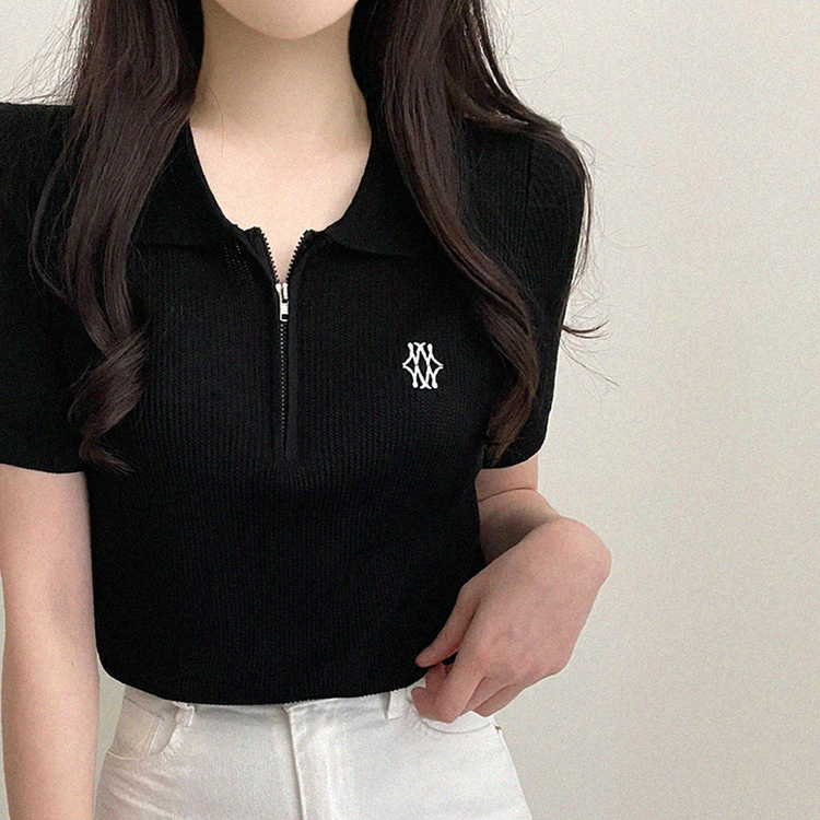 刺繍ジップアップカラーニット(5color) BLACK