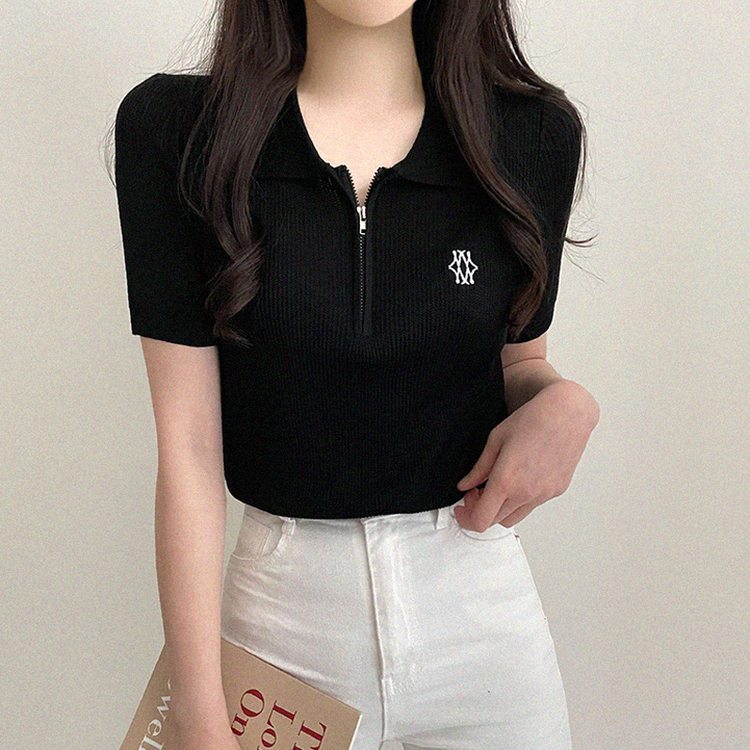 刺繍ジップアップカラーニット(5color) BLACK