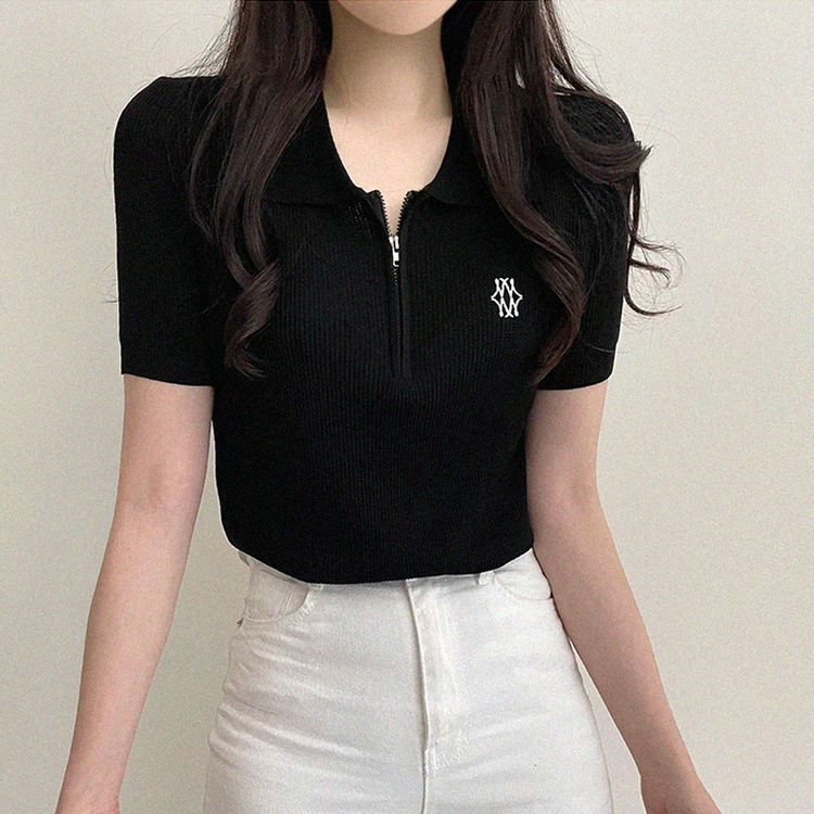 刺繍ジップアップカラーニット(5color) BLACK