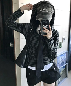 フード ストライプフードTシャツ BLACK