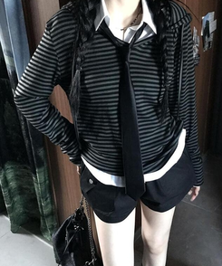 フード ストライプフードTシャツ BLACK