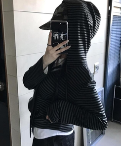 フード ストライプフードTシャツ BLACK