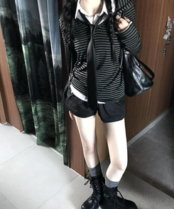 フード ストライプフードTシャツ BLACK