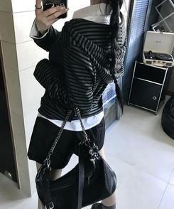 フード ストライプフードTシャツ BLACK