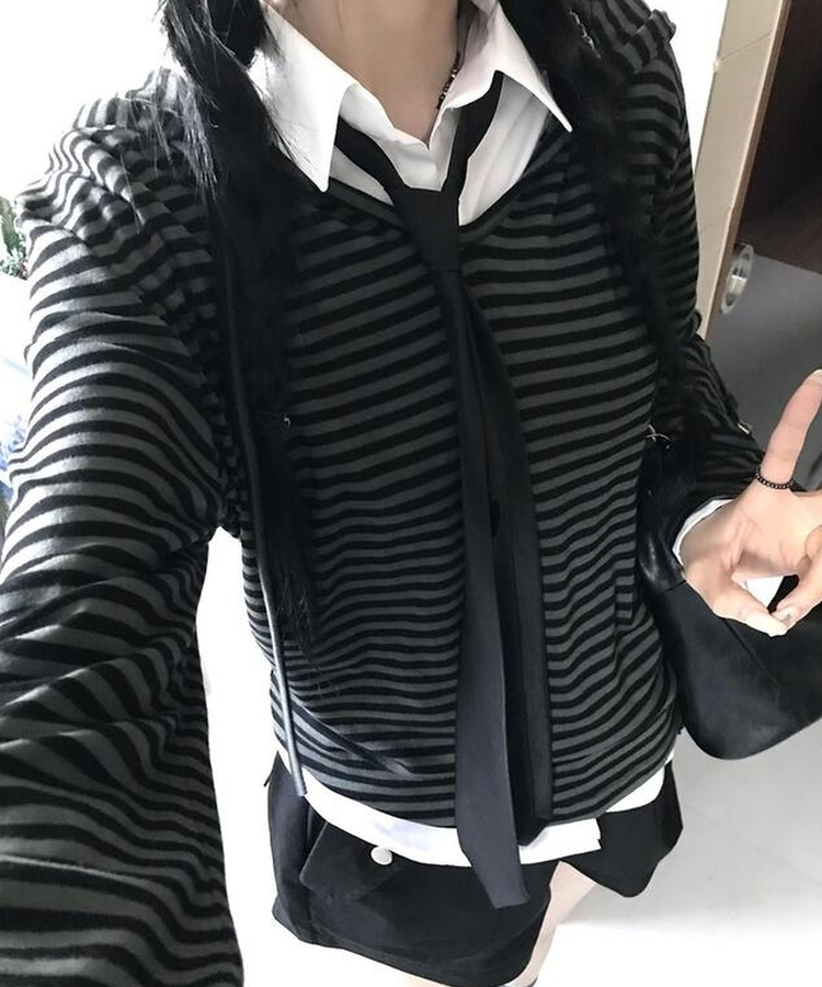 ストライプフードTシャツ BLACK