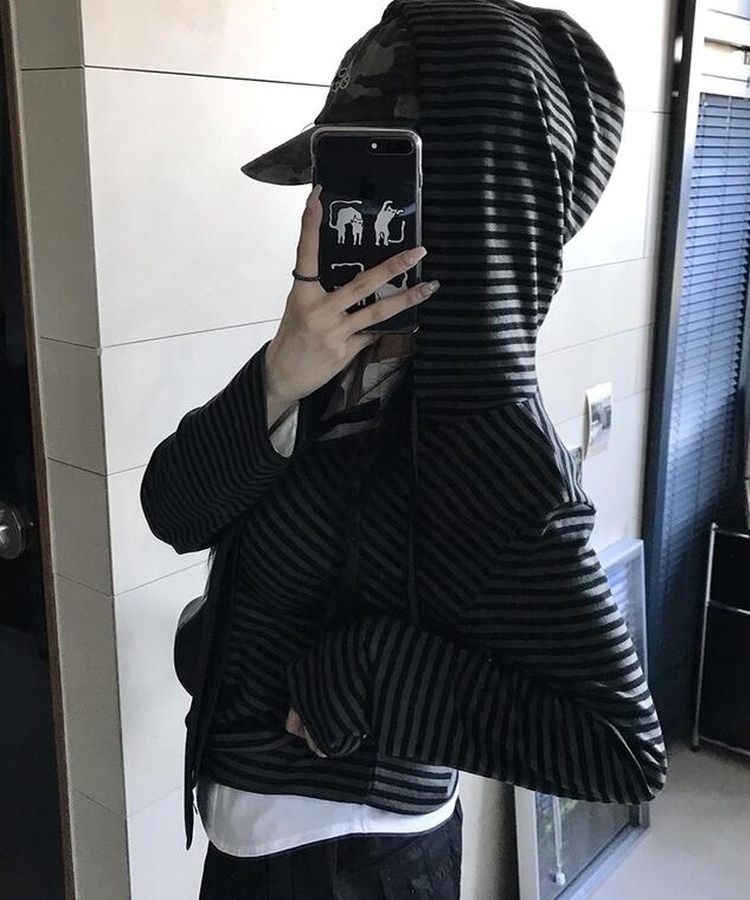 ストライプフードTシャツ BLACK