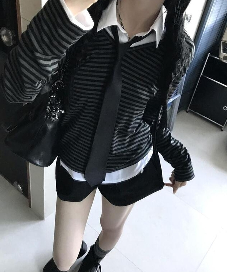ストライプフードTシャツ BLACK