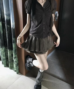 シャツ シャーリング半袖シャツ BLACK