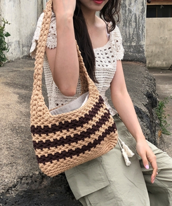 バッグ ストライプニットショルダートートバッグ BROWN