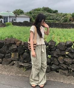 バッグ ストライプニットショルダートートバッグ BROWN