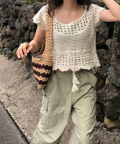 バッグ ストライプニットショルダートートバッグ BROWN