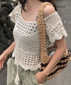 バッグ ストライプニットショルダートートバッグ BROWN