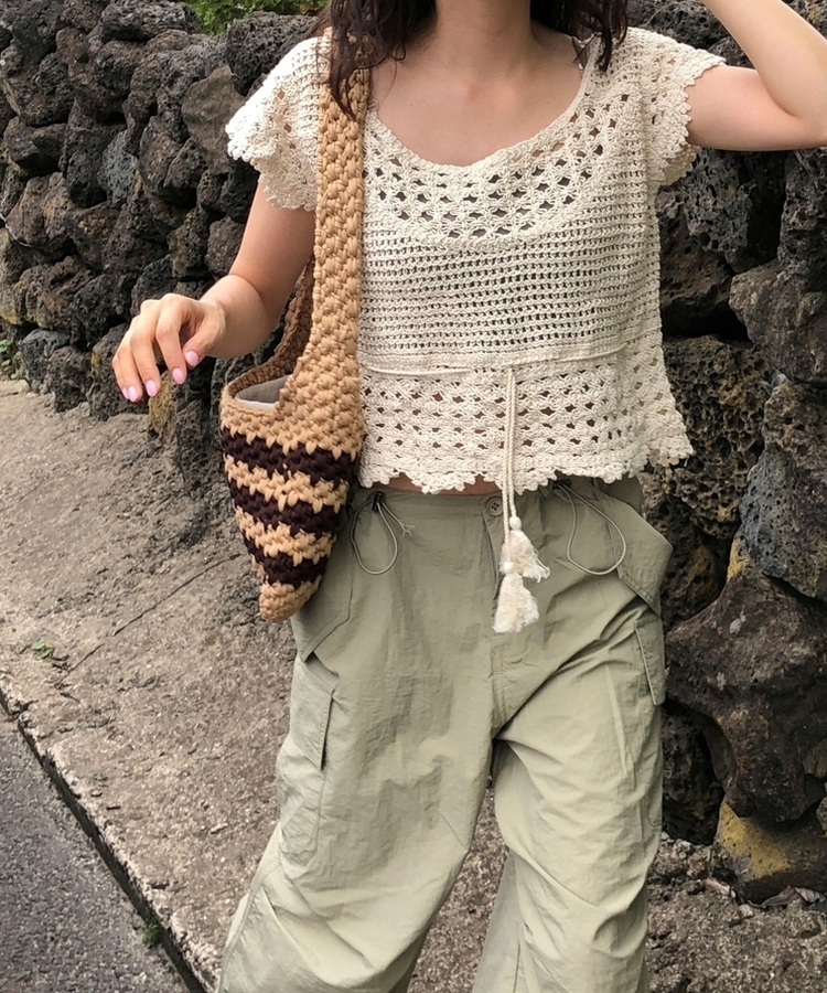ストライプニットショルダートートバッグ BROWN