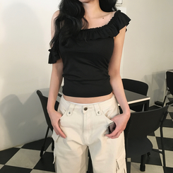 ノースリーブ フリルラッフルキャミソールトップ BLACK