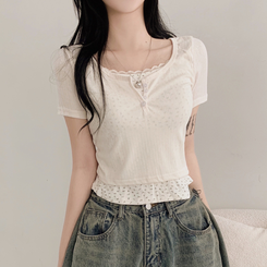 レースフラワーレイヤード半袖Tシャツ(5color) LIGHT YELLOW