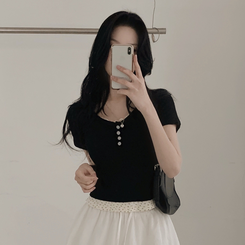 レースフラワーレイヤード半袖Tシャツ(5color) BLACK