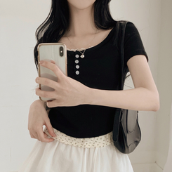 レースフラワーレイヤード半袖Tシャツ(5color) BLACK