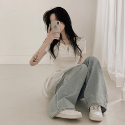 レースフラワーレイヤード半袖Tシャツ(5color) IVORY