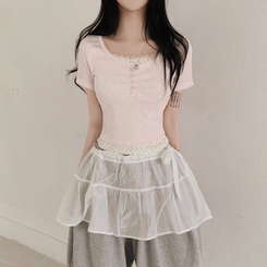 レースフラワーレイヤード半袖Tシャツ(5color) PINK