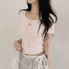 レースフラワーレイヤード半袖Tシャツ(5color) PINK