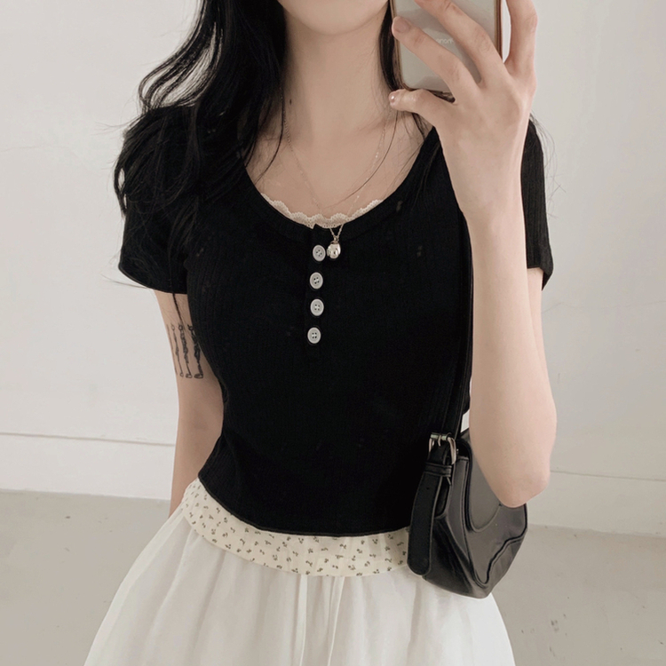 レースフラワーレイヤード半袖Tシャツ(5color) BLACK