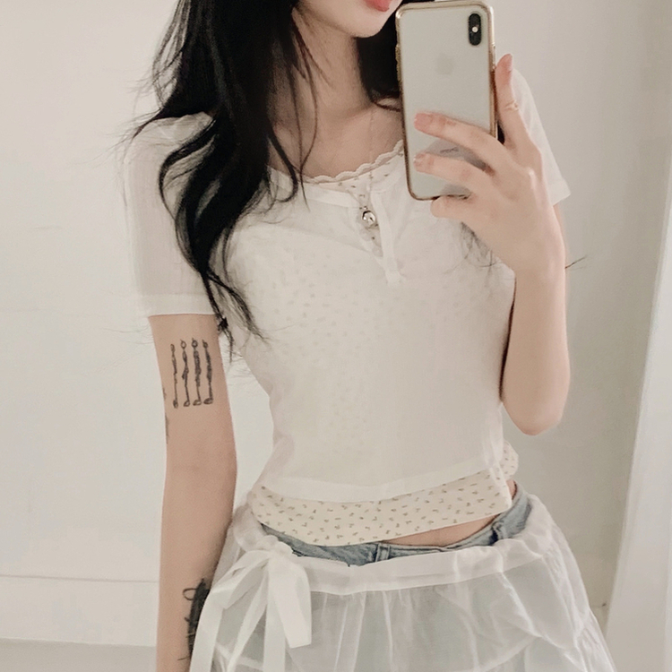 レースフラワーレイヤード半袖Tシャツ(5color) IVORY