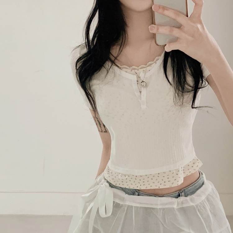 レースフラワーレイヤード半袖Tシャツ(5color) IVORY