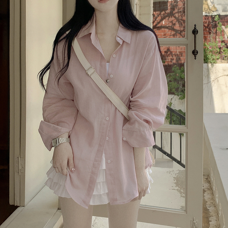 햇빛필수 후들후들 여리여리 오버핏 시스루 거즈 파스텔 오버핏 긴팔셔츠 남방 소라 딸기우유 핑크 화이트 빅사이즈 살안타템 핑크