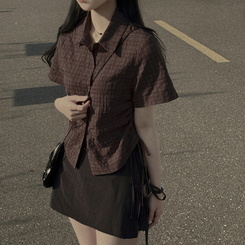 サイドシャーリングチェックシャツ BROWN