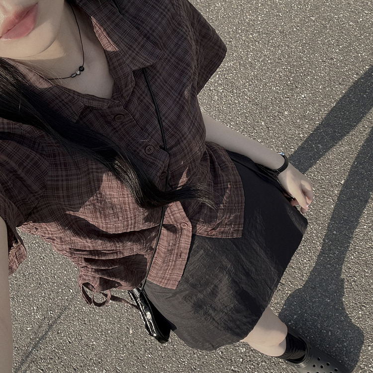 너드러블리 옆셔링 스트링 무채색 버건디 여름 반팔 크롭 체크셔츠 남방 브라운