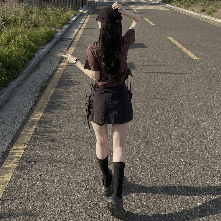 너드러블리 옆셔링 스트링 무채색 버건디 여름 반팔 크롭 체크셔츠 남방 브라운