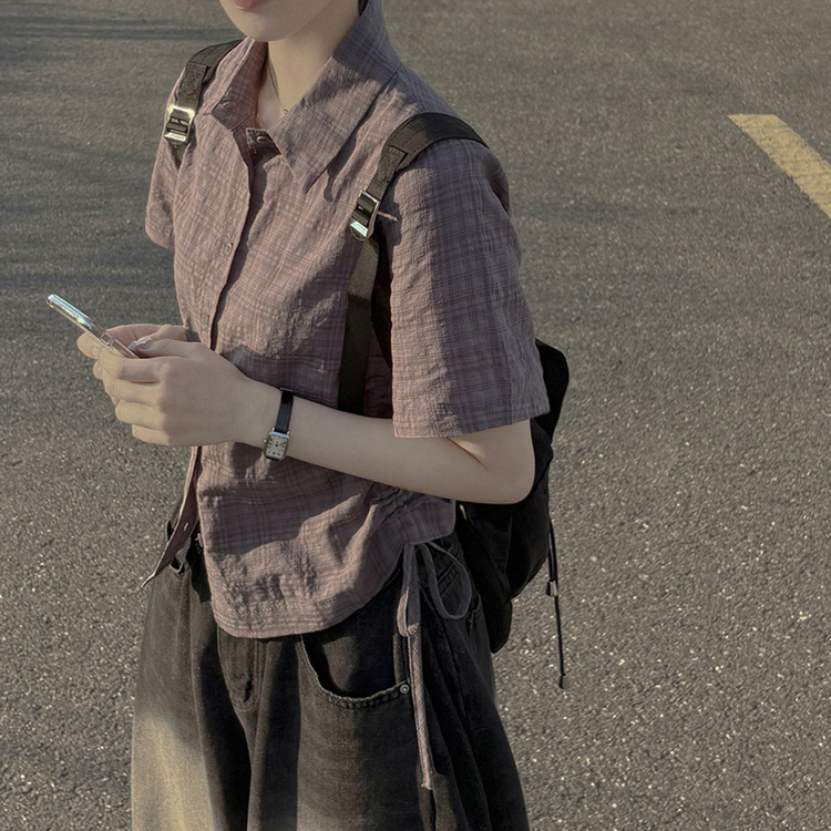 너드러블리 옆셔링 스트링 무채색 버건디 여름 반팔 크롭 체크셔츠 남방 그레이