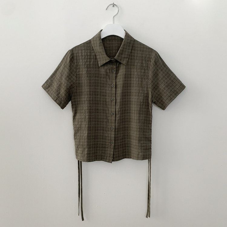 너드러블리 옆셔링 스트링 무채색 버건디 여름 반팔 크롭 체크셔츠 남방