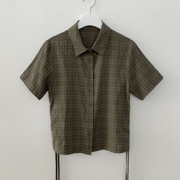 너드러블리 옆셔링 스트링 무채색 버건디 여름 반팔 크롭 체크셔츠 남방