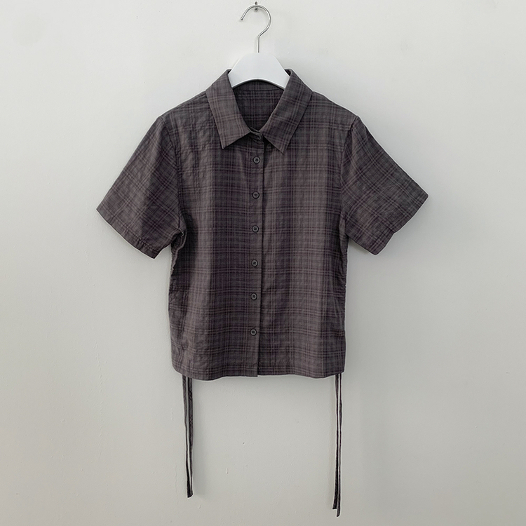 너드러블리 옆셔링 스트링 무채색 버건디 여름 반팔 크롭 체크셔츠 남방