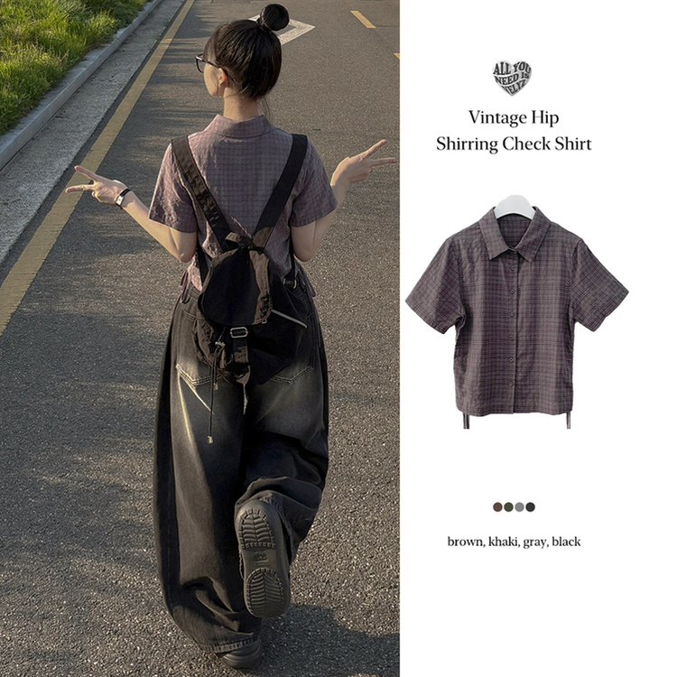 サイドシャーリングチェックシャツ BROWN