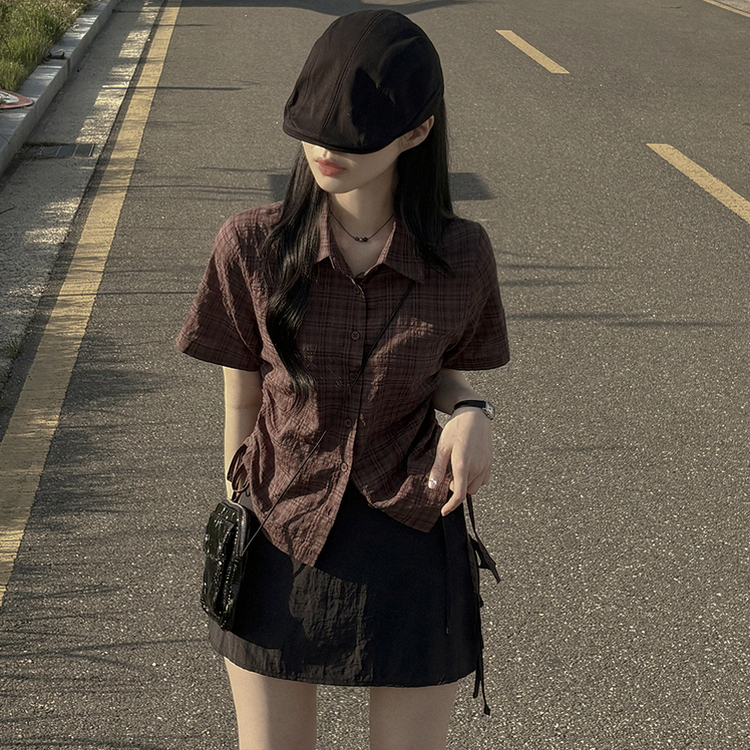 サイドシャーリングチェックシャツ BROWN