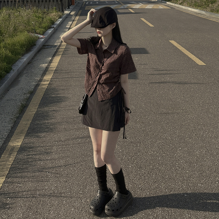 サイドシャーリングチェックシャツ BROWN