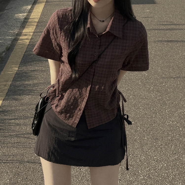 サイドシャーリングチェックシャツ BROWN