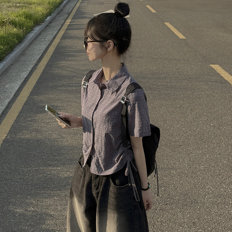 サイドシャーリングチェックシャツ GREY